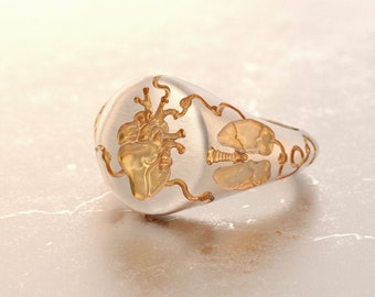 May include: A silver ring featuring a gold heart and lungs design. The ring is lying on a white surface.