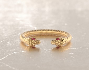 Dubbel ormring, antik ormring, wiccaring, wiccaring, ormring 14k guld, justerbar ormring, boho goth, rubin ormring