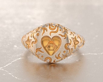 Hart ring, hart gegraveerd Signet, hart Pinky ring, Alchemy hart, cadeau voor haar, goud en zwart Signet