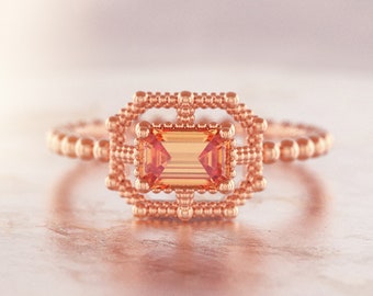 Sunshine Ring,Orange Sapphire Ring,Yellow Sapphire Ring,Gold Art Deco Ring,Bubbles Ring,Emerald Cut Ring,Bohemian Engagement Ring,Vintage