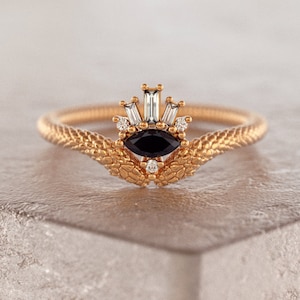 Wiccan Ring, Gothic Jewelry Set, Dragon Scale Ring, Snake Diamond Ring, Snake Ring 14k Gold, Black Diamond Ring