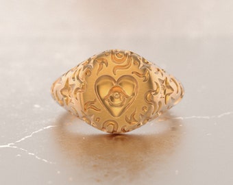 Heart Ring, Heart Engraved Signet, Heart Pinky Ring, Alchemy Heart, Gift For Her, Gold Signet