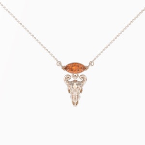 May include: A silver necklace with a detailed ram skull pendant and a brown oval gemstone.
