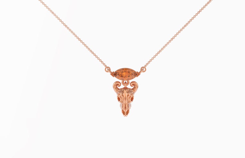 May include: A rose gold necklace with a small, detailed skull pendant and a brown gemstone. The chain is a delicate, linked style.