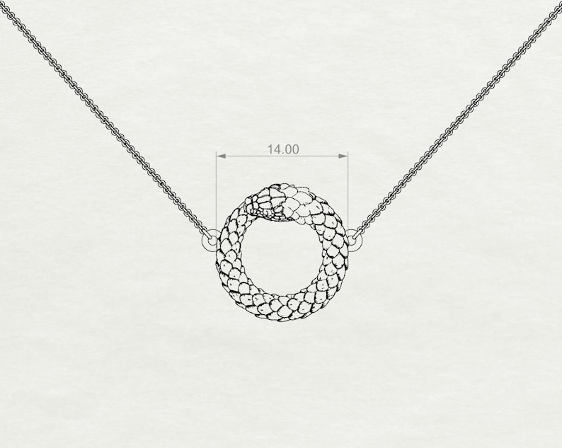 May include: A silver snake chain necklace with a snake pendant that is curled into a circle. The pendant is 14.00 inches in diameter.