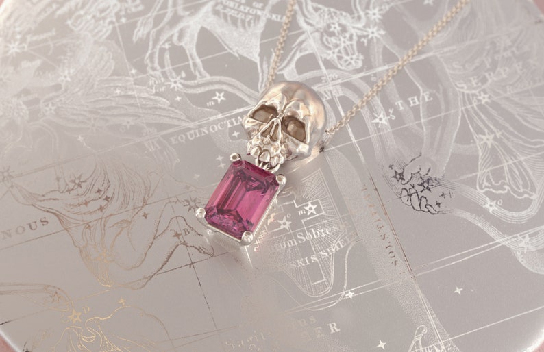 Puede incluir: Un collar con colgante de plata con un dise&ntilde;o de calavera sobre una gema rosa rectangular. El colgante cuelga de una delicada cadena. El fondo es una superficie gris claro con un dise&ntilde;o de mapa celestial.