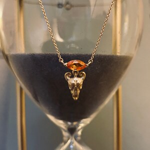 May include: A gold chain necklace with a small, detailed skull pendant and a large, orange gemstone. The necklace is hanging from a glass hourglass.