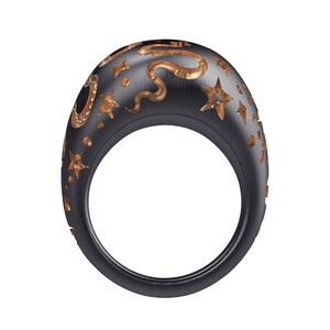 May include: A black ring featuring a gold snake and star design. The ring is crafted from metal and has a smooth, polished finish.