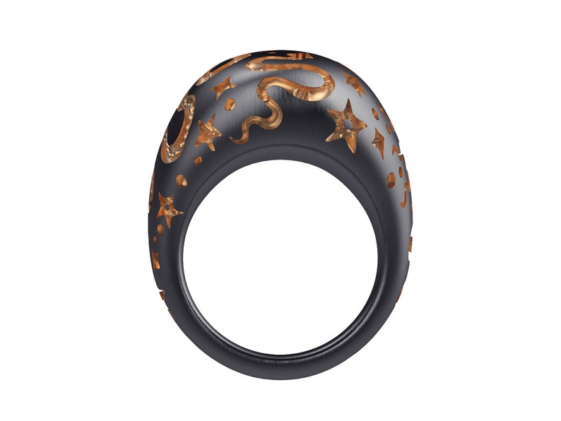May include: A black ring featuring a gold snake and star design. The ring is crafted from metal and has a smooth, polished finish.
