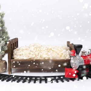 Christmas Newborn Digital Backdrop -  Digital Backgrounds - Brown Bed with Christmas Tree and Christmas Train