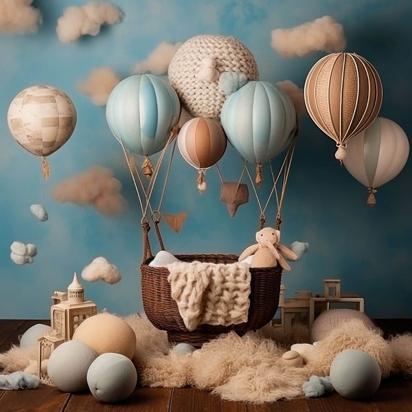 Newborn Digital Backdrop - Hot Air Balloon Digital Backdrop for Babies - Blues and Beiges Floating Hot Air Balloons