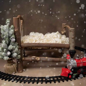 Christmas Newborn Digital Backdrop -  Digital Backgrounds - Wooden Tree Bed with Christmas Tree and Christmas Train