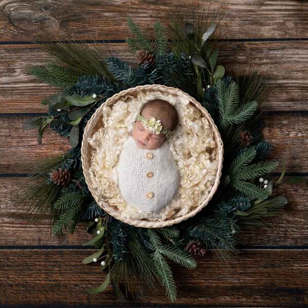 Christmas Newborn Digital Backdrop -  Digital Backgrounds - Red Bowl with Christmas Wreath on Wooden Background