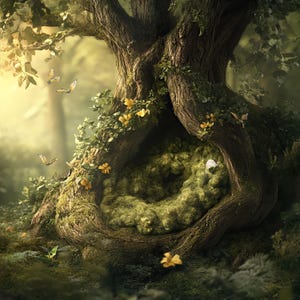 May include: A large, gnarled tree trunk with a hollowed-out space filled with moss. The tree is surrounded by green foliage and sunlight filters through the branches.