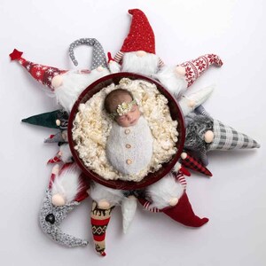 Cenário digital de Natal recém-nascido - Fundos digitais - Tigela vermelha com guirlanda de gnomos de Natal