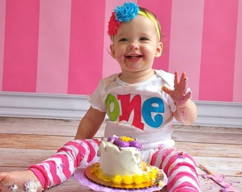 Girls 1st Birthday Outfit: Hot Pink ONE Bodysuit, Leg Warmers & Headband