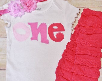 Pink Ombre First Birthday Outfit: Handmade Appliqued Bodysuit, Ruffle Leg Warmers