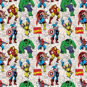 May include: A white background with a repeating pattern of Marvel Comics characters, including Iron Man, Captain America, Hulk, Wolverine, Thor, and Spider-Man. The characters are in various poses and are surrounded by comic book panels. The text "Marvel Comics" appears in the pattern.