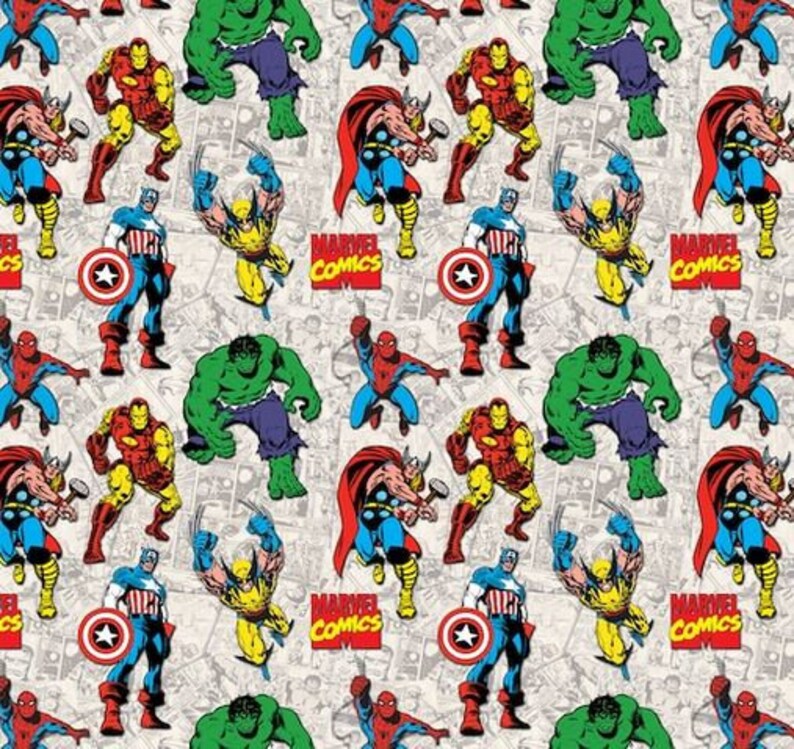 May include: A white background with a repeating pattern of Marvel Comics characters, including Iron Man, Captain America, Hulk, Wolverine, Thor, and Spider-Man. The characters are in various poses and are surrounded by comic book panels. The text "Marvel Comics" appears in the pattern.