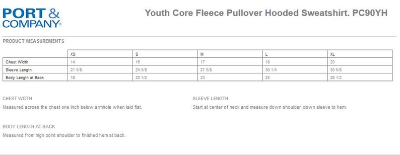 May include: Size chart for a youth core fleece pullover hooded sweatshirt. The chart shows measurements in inches for chest width, sleeve length, and body length at back for sizes XS, S, M, L, and XL.