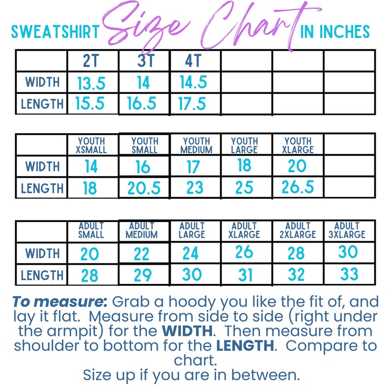May include: A white sweatshirt size chart with measurements in inches. The chart provides sizes for toddlers, youth, and adults, detailing width and length. Instructions on how to measure a hoodie are also included.