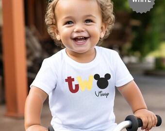 Toddler 2nd Birthday Shirt • Hand-Cut Appliqué “TWO” Fabric Letters • Mickey Mouse Inspired