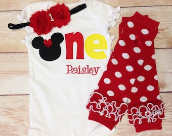 Minnie Mouse 1st Birthday Outfit: Appliqued Bodysuit, Headband & Leg Warmers