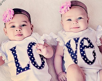 Twin Girl Bodysuit Set: LOVE Polka Dot Appliqué, Chiffon Headbands