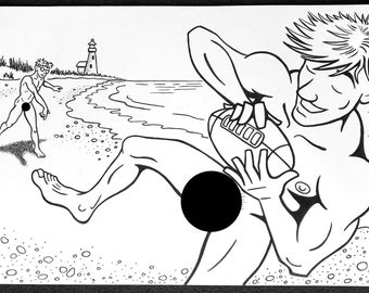 Beach Ball - Original Ink Drawing Naked Guys Coloring Book Page
