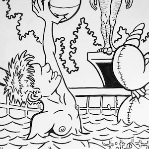 Pool Party - Original Ink Drawing Naked Guys Coloring Book gay men swimming