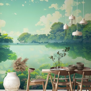 Green Trees Summer Lake View Wallpaper / Peel and Stick Green Mountain / Nursery Wall Decal / Toddler Wall Mountain / Watercolor Landscape