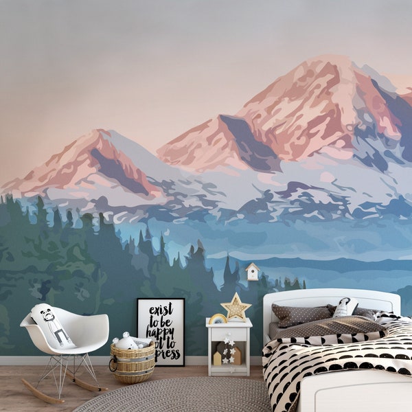 Rocky Mountain Wall Decal / Sunset Peel and Stick Green Mountain / Nursery Wall Decal / Toddler Wall Mountain / Watercolor Landscape 124