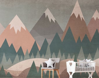 Boho Green Earthy Mountain and Forest Nursery Wallpaper / Easily Remove / Pastel Color Forest Mountain Kids Room Wall Mural, Baby Room Decor