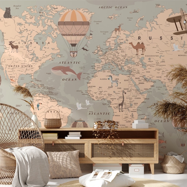 World Adventure Map Wallpaper // Travel Balloons Map USA Map Wall Art // USA Europe Asia Australia Travel Map Push Pin Map / Boho Beige M04