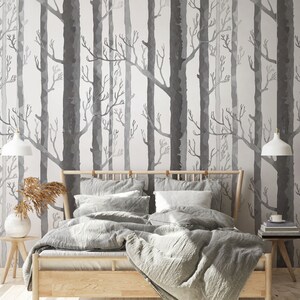 Scandinavian Birch Tree Forest Wall Decal / Woodland Wallpaper / Forest Wall Mural / Tree Wall Decal / Peel and Stick Mural Mountains 105