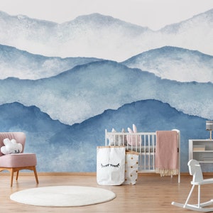 Blue Hills Mountain Wall Decal / Peel and Stick Blue Mountain / Nursery Wall Decal / Toddler Wall Mountain / Watercolor Landscape 099B