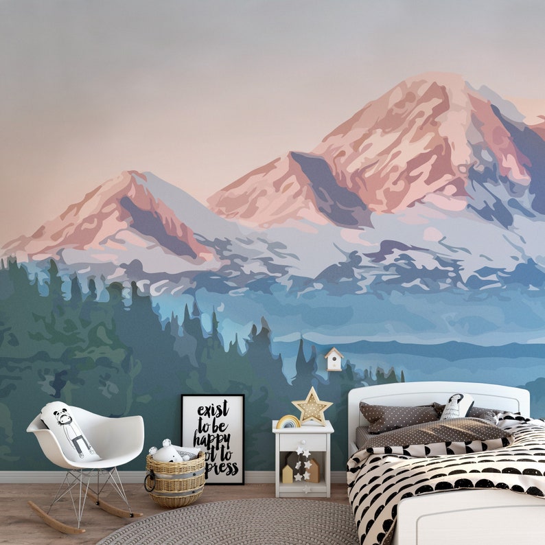 Rocky Mountain Wall Decal / Sunset Peel and Stick Green Etsy