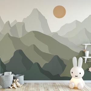 Boho Brown Green Rocky Mountains Wall Decal / Baby Boy Room / Peel and Stick Green Mountain / Nursery Wall Decal / Toddler Wallpaper / 127