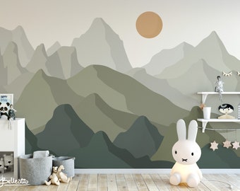 Boho Brown Green Rocky Mountains Wall Decal / Baby Boy Room / Peel and Stick Green Mountain / Nursery Wall Decal / Toddler Wallpaper / 127