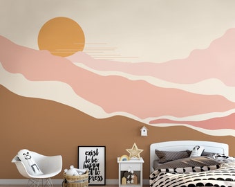 Boho Brown Pink Mointains Peel and Stick Wallpaper / Removable Landscape Wallpaper / Self Adhesive Kids Mountain Mural / Earthy Colors