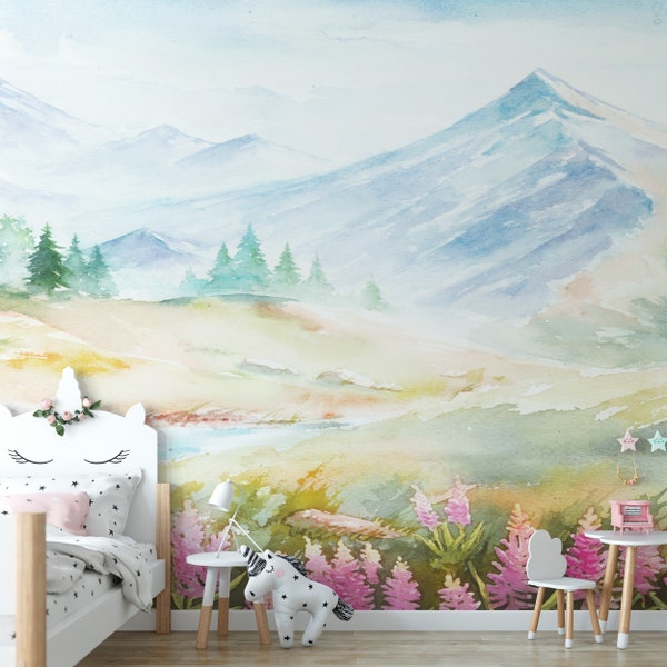 Watercolor Mountains Peel and Stick Wall Decor / Removable Landscape Wallpaper / Self Adhesive Kids Mountain Mural / Blue Forest Decal 102