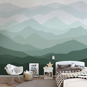 Boho Green Earthy Tan Mountains Nursery Wallpaper / Self-Adhesive Reusable / Pastel Color Mountain Kids Room Wall Mural, Baby Room Decor