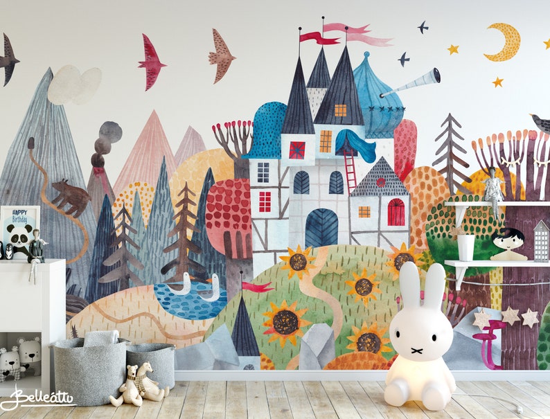 Pastel Castle Woodland and Mountains Peel and Stick Wallpaper - Etsy