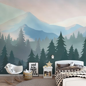 Boho Sunset Mountains Wall Decal / Baby Room / Peel and Stick Green Mountain / Nursery Wall Decal / Toddler Wall Mountains Sticker / W123