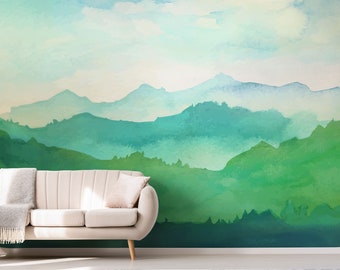 Watercolor Mountains Peel and Stick Wallpaper / Removable Landscape Wallpaper / Self Adhesive Kids Mountain Mural / Blue Forest Decal 101