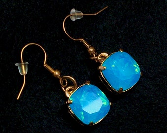 Handcrafted Lightweight Bright Blue Square Earrings in Golden Setting