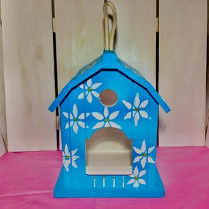 Blue Floral White Daisy Hand Painted Birdhouse or Feeder