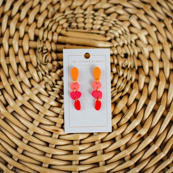 Bright Colorblock Drop Earrings | Handmade Polymer Clay Dangles | Pink Orange & Red Statement | Lightweight Modern Jewelry