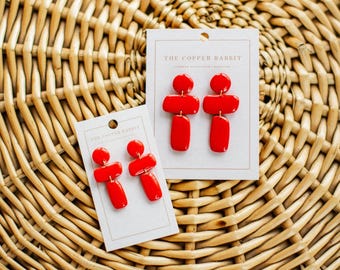 Cherry Red Statement Earrings | Handmade Polymer Clay Dangles | Bold Glossy | Lightweight Modern Jewelry