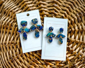 Blue Statement Dangle Earrings | Navy & Teal Clay | Handmade Lightweight | Moody Artisan Jewelry